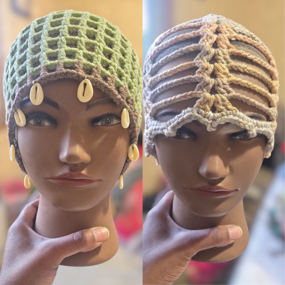 Frosty Green/Dark Taupe & Ombre Brown Summer Chain Crochet Hat Set, Adult, Viral